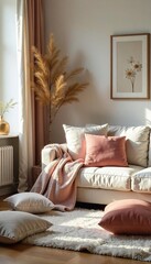 Cozy Living Room Plush Cushions & Calm Atmosphere. Relaxing Minimalist Sofa Design, Perfect for Comfort and Tranquility. Ideal for Home Decor Inspiration.