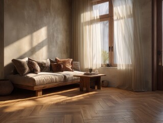 A living room with a couch and a coffee table