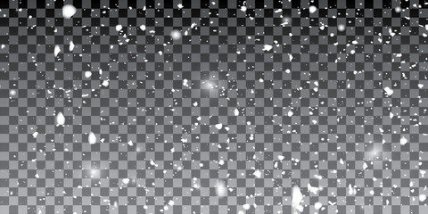 Snowstorm texture. Bokeh lights on transparent background, shot of flying snowflakes in the air