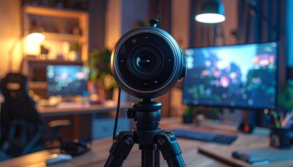 "Professional camera mounted on tripod in cozy, modern studio with desk, monitor displaying cityscape, bookshelves, plants, and warm ambient lighting, evoking content creation and productivity."