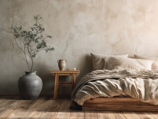 A bed with a white comforter and pillows