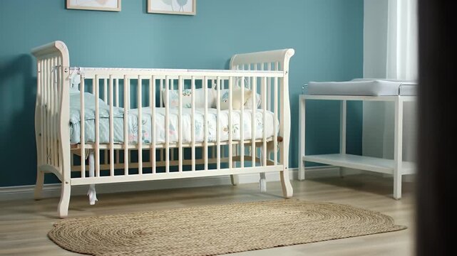 Nursery Room with White Crib Changing Table on Blue Wall Interior