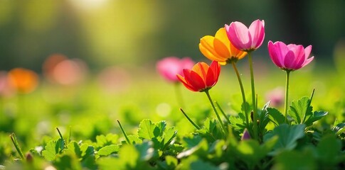 Vibrant Wildflowers Blooming in a Sun-Dappled Spring Meadow Delicate Petals and Lush Green Shoots Usher in Early Springs Natural Beauty