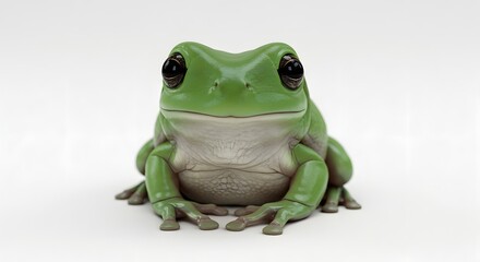 Obraz premium A close-up studio shot features a vibrant green frog against a clean white background