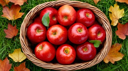 Red apples filling woven basket on green grass