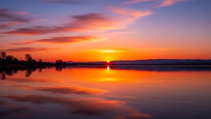 Obraz premium Vibrant Orange Sunset Reflected on Calm Lake Surface with Trees and Mountains
