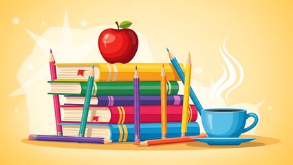 Colorful Book Stack with Red Apple, Coffee, and Pencils on Yellow Background