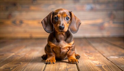 dachshund puppy sitting on wooden floor, warm lighting, expressive eyes and smooth brown coat, cozy indoor setting