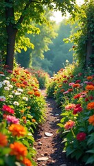 Serene Summer Garden Vibrant Flowers and Lush Foliage Bathed in Warm Sunlight, Evoking Peace and Tranquility