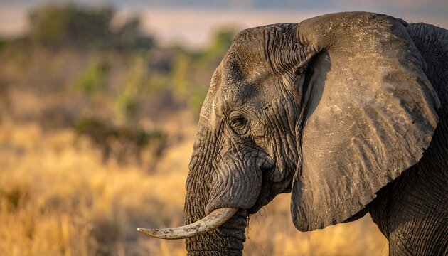 A majestic close-up portrait of an elephant. Its detailed skin and massive ears are illuminated by warm sunlight, with blurred background foliage