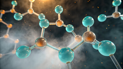 3D visualization of molecular structure with connected atoms and soft glowing light in foggy atmosphere symbolizing chemistry, innovation and scientific research concept