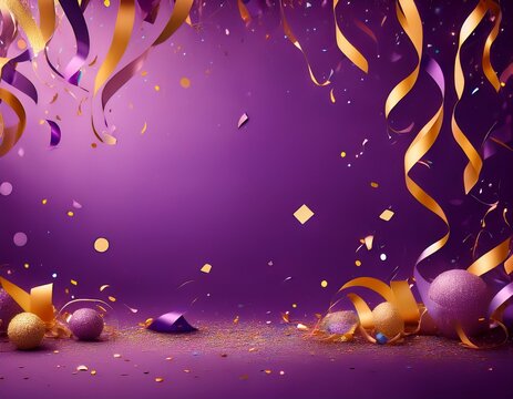 party background with confetti and streamers purple invitation background