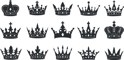 Obraz premium A collection of black silhouettes of various crowns representing royalty and elegance.