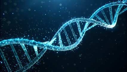 Blue glowing dna double helix strand in digital background symbolizing genetics, biotechnology, molecular research and scientific innovation concept