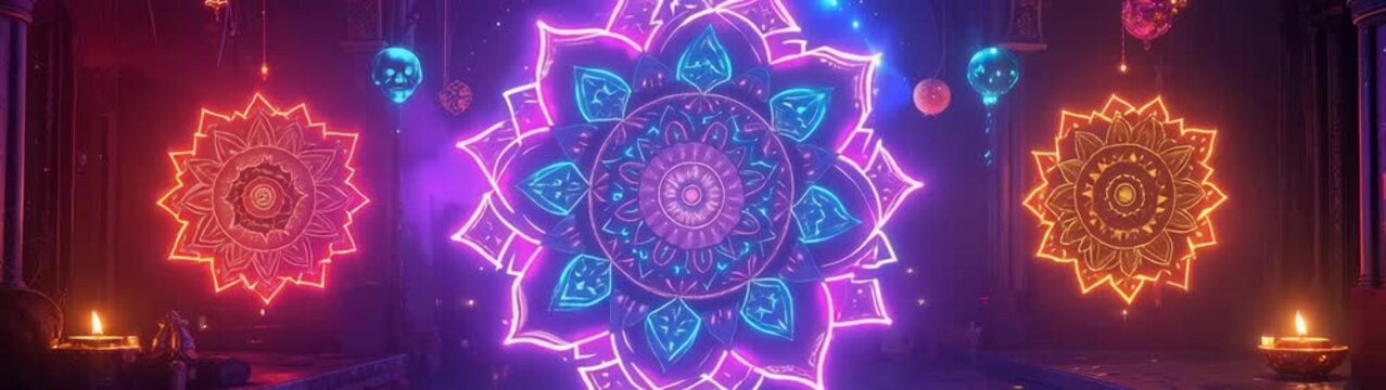 Festival neon lotus mandala glowing light background.