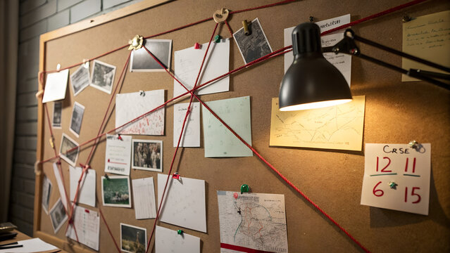 Detective investigation board with connected notes, photos and red threads under desk lamp symbolizing mystery solving, research and crime analysis concept