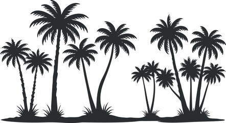 A collection of silhouetted palm trees creating a tropical landscape scene.