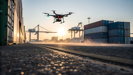 Industrial drone flying above cargo port at sunrise symbolizing smart technology, logistics automation and innovation in modern shipping and maritime industry