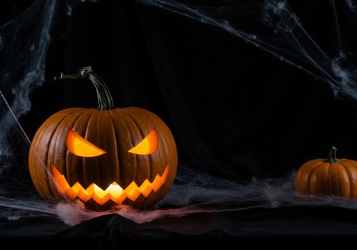 A glowing jack-o'-lantern with a spooky face sits in a smoky, dark setting with spiderwebs, next to a smaller pumpkin.
