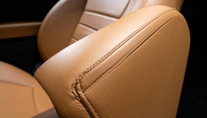 Close-up detailing exquisite caramel leather seat, showcasing craftsmanship and quality upholstery