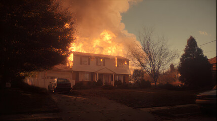 Dramatic house engulfed in raging inferno with intense flames consuming roof and windows, evoking disaster and urgency
