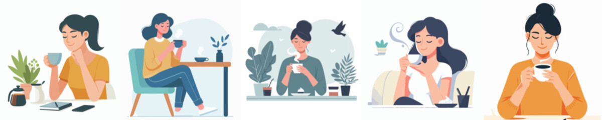 vector image of a woman enjoying coffee