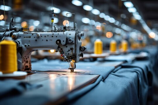 Industrial sewing machine creating garments in manufacturing factory - Powered by Adobe
