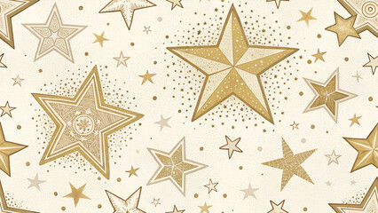 Obraz premium Seamless festive pattern with golden and beige stars of various sizes on light background perfect for elegant Christmas wrapping paper and holiday decoration designs