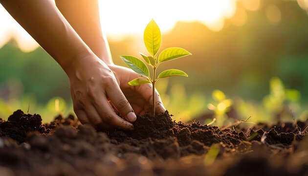 Human hands carefully planting a small seedling into rich soil
