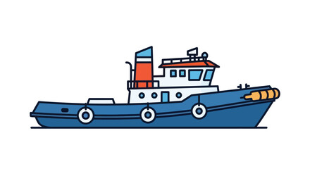 Obraz premium Blue and White Tugboat with Red and White Stack Cartoon Style Illustration.