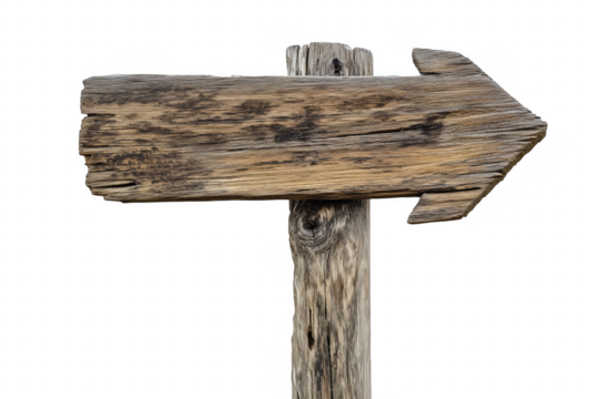 Weathered wooden arrow sign isolated on a transparent background