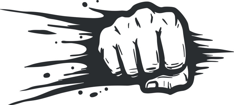A dynamic illustration of a fist striking with energy and motion effects.