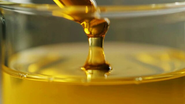 Macro slow-motion of golden cosmetic or cooking oil being dripped from a pipette into a glass beaker creating a viscous stream. - Powered by Adobe