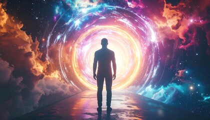 Fototapeta premium A human silhouette stands before a radiant, swirling portal, illuminated by vibrant energy and surrounded by cosmic nebulae and clouds. The gateway beckons