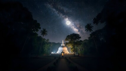 Full moon poya day night scene. SriLankan Buddhist Temple. Milky Way in poya day. HD background 