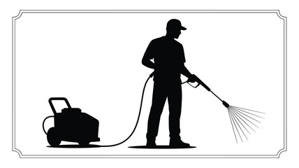 Silhouette of a man pressure washing with a machine and hose inside a decorative frame Keywords: pressure washing, power washing, cleaning, man, silhouette, hose, spray, water jet, machine