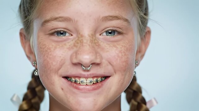 Close Up Portrait of Smiling Girl with Braids Freckles Braces and Septum Piercing
