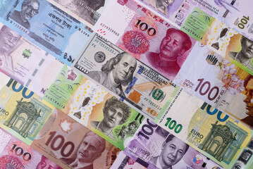 Paper money, banknotes of different countries as a business background. Paper money and cash