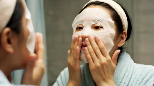 A woman applies a sheet mask to her face while looking in the mirror, performing a skincare routine vector illustration