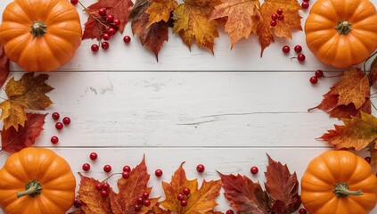 Colorful autumn arrangement with pumpkins and leaves on a wooden surface