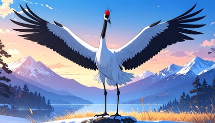 A majestic crane stands proudly, wings outstretched, against a backdrop of snow-capped mountains, a serene lake, and a colorful sky