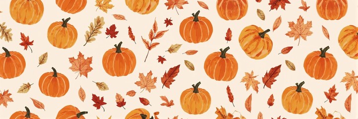 Beautiful fall pattern with pumpkins and autumn leaves for seasonal decor