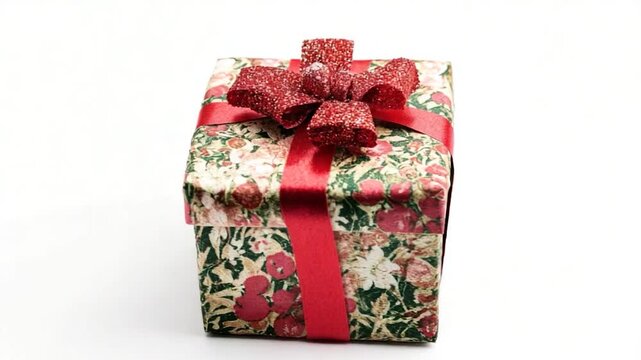 A small gift box tied with a bright red ribbon, perfect for special occasions or as a decoration