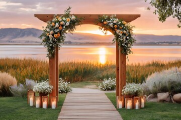 Rustic wedding arch decorating lakeside ceremony at sunset