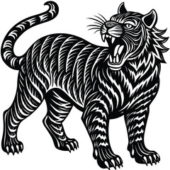 roaring tiger full body linocut design.eps