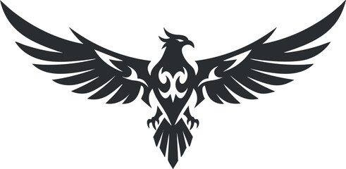 Fototapeta premium Stylized black and white illustration of a majestic hawk in flight with outstretched wings.