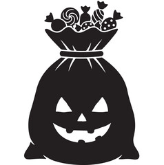 Spooky Halloween treat bag overflowing with candy illustration for festive designs and celebrations of the autumn holiday season in October