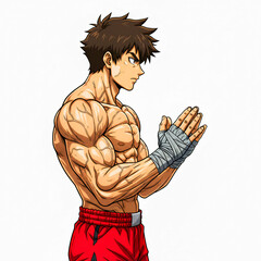 Anime Fighter in Focused Stance – Muscular Male Martial Artist Illustration 8K