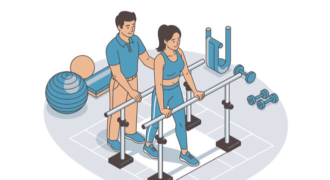 Physical therapist assisting patient with rehabilitation exercises on parallel bars.