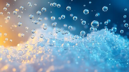 Abstract macro photography of water bubbles and sparkling snow under warm sunlight